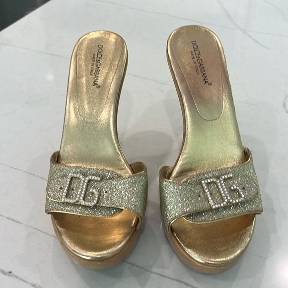 Dolce & Gabbana Gold Leather Flats Slides Mule Loafers Shoes